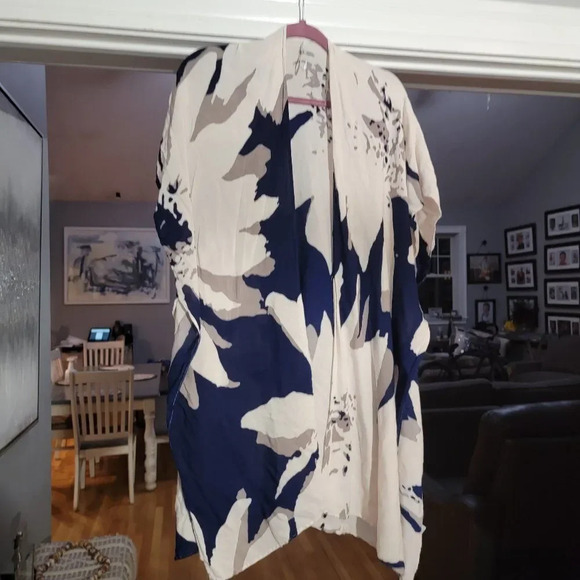 Women's White Navy Blue Casual Print Short Sleeve swim Cardigan kaftan c… - Picture 2 of 4